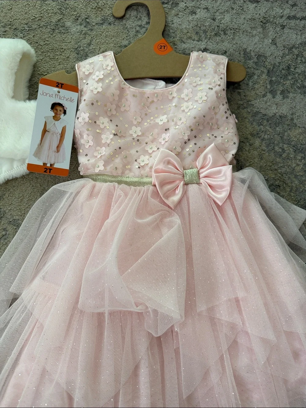 Jona Michelle Pink Floral Sequin Tulle Dress with Fur Bolero